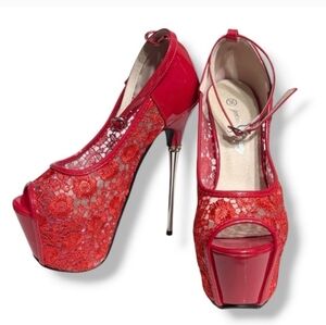 GETMOREBEAUTY Red Lace & Patent Leather Platform Stilettos Ankle Strap Size 36/6